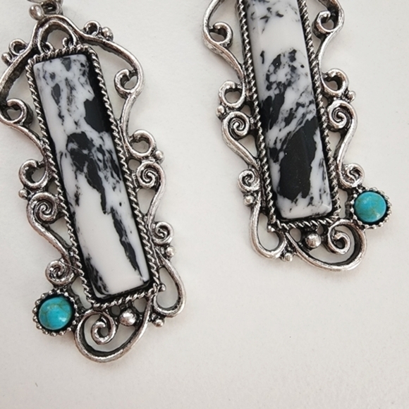 NEW Boho Howlite Turquoise Stone Rectangular Dangle Earrings White Black Marble - Picture 5 of 8